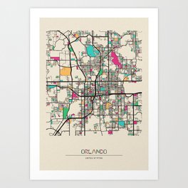 Colorful City Maps: Orlando, Florida Art Print | Landscape, Florida, Floridian, Housewarming, Floridan, Road, Urban, Map, Downtown, Travel 