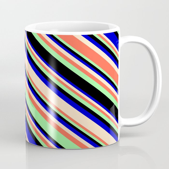 Eye-catching Blue, Bisque, Red, Green, and Black Colored Lines/Stripes Pattern Coffee Mug