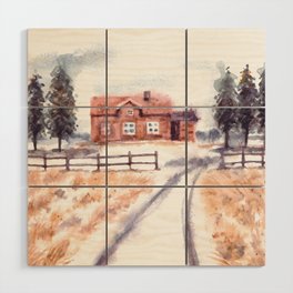 Winter Landscape With House And Pine Trees Watercolor Wood Wall Art