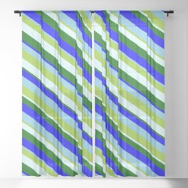 [ Thumbnail: Eye-catching Green, Light Cyan, Dark Green, Blue & Sky Blue Colored Lines/Stripes Pattern Sheer Curtain ]