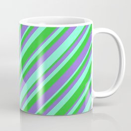 [ Thumbnail: Aquamarine, Lime Green, and Purple Colored Striped/Lined Pattern Coffee Mug ]