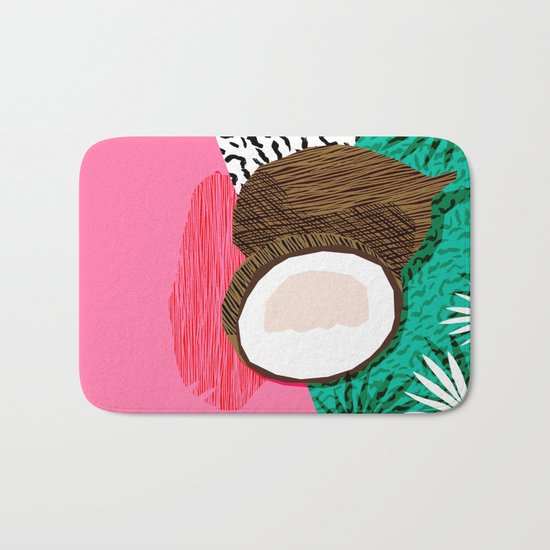 Bada Bing - memphis throwback tropical coconuts food vegan nature abstract illo neon 1980s 80s style Bath Mat