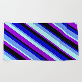 [ Thumbnail: Colorful Blue, Cornflower Blue, Turquoise, Dark Violet, and Black Colored Pattern of Stripes Beach Towel ]