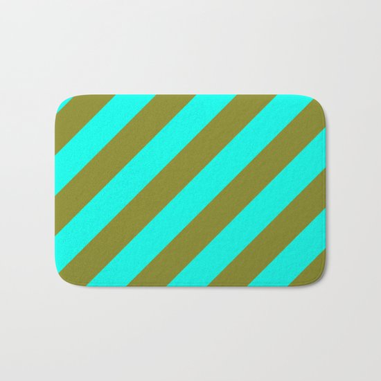 Cyan Blue And Army Khaki Green Stripes Bath Mat
