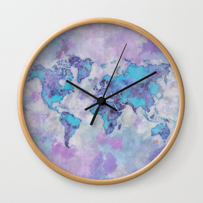 World Map Purple Wall Clock