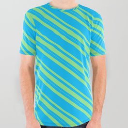 [ Thumbnail: Deep Sky Blue & Light Green Colored Lines/Stripes Pattern All Over Graphic Tee ]