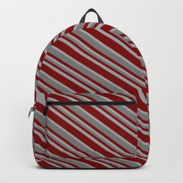 [ Thumbnail: Maroon, Dark Grey & Gray Colored Lined Pattern Backpack ]