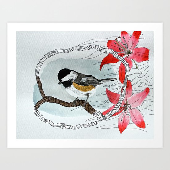 Black capped chickadee and fantasy flowers and lines Art Print