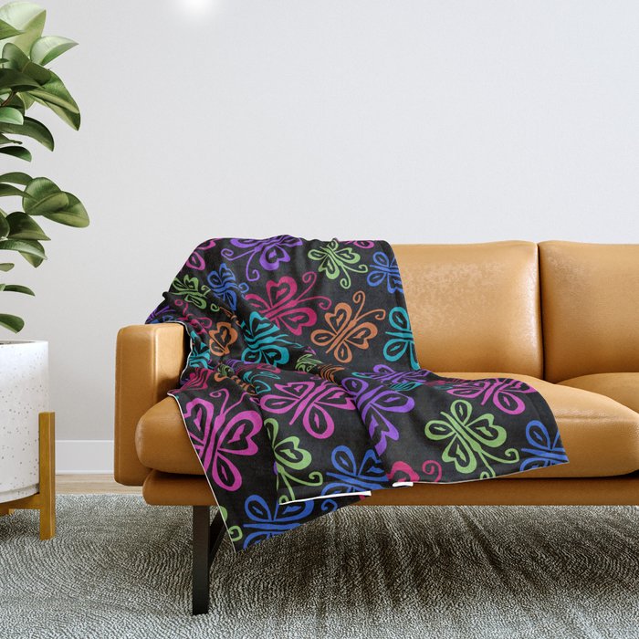 Charming Butterflies in Bright Colors on Black Throw Blanket