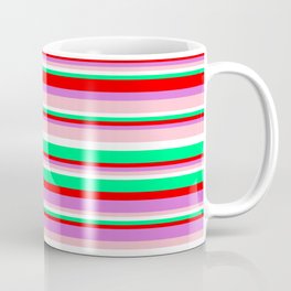 [ Thumbnail: Colorful Green, Red, Orchid, Pink, and White Colored Pattern of Stripes Coffee Mug ]