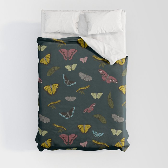 Butterfly, Moth, Caterpillar and Cocoon Line Art Seamless Pattern on Teal Duvet Cover