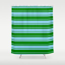[ Thumbnail: Green and Sky Blue Colored Lined/Striped Pattern Shower Curtain ]