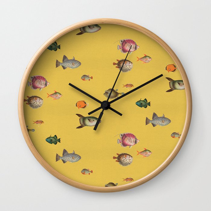 Fish History - Mustard, historian etching of tropical fish Wall Clock