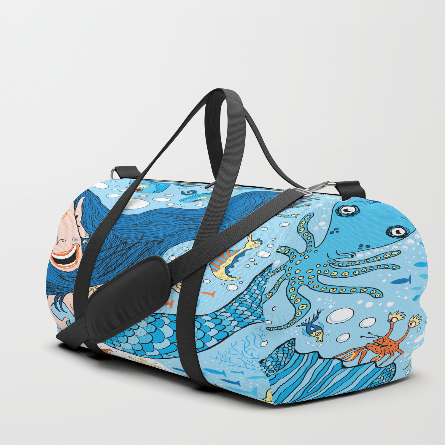 Quirky Mermaid With Sea Friends Blue Version Duffle Bag By Amygale Quirky Mermaid With Sea Friends Blue Version Duffle Bag By Amygale