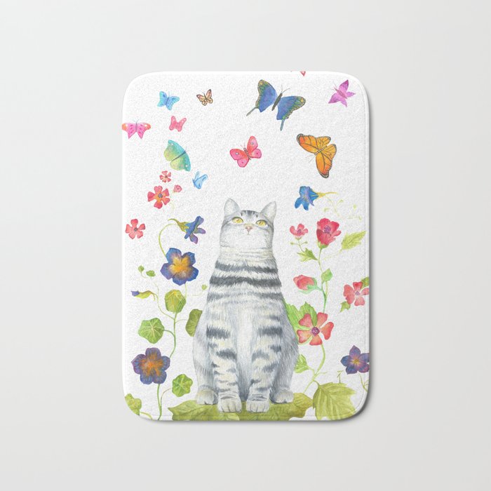 Tabby Cat with Butterflies and Flowers Bath Mat