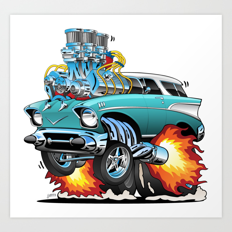 Classic Fifties Hot Rod Muscle Car Cartoon Art Print By Hobrath