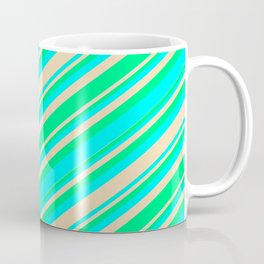 [ Thumbnail: Green, Aqua, and Tan Colored Stripes/Lines Pattern Coffee Mug ]