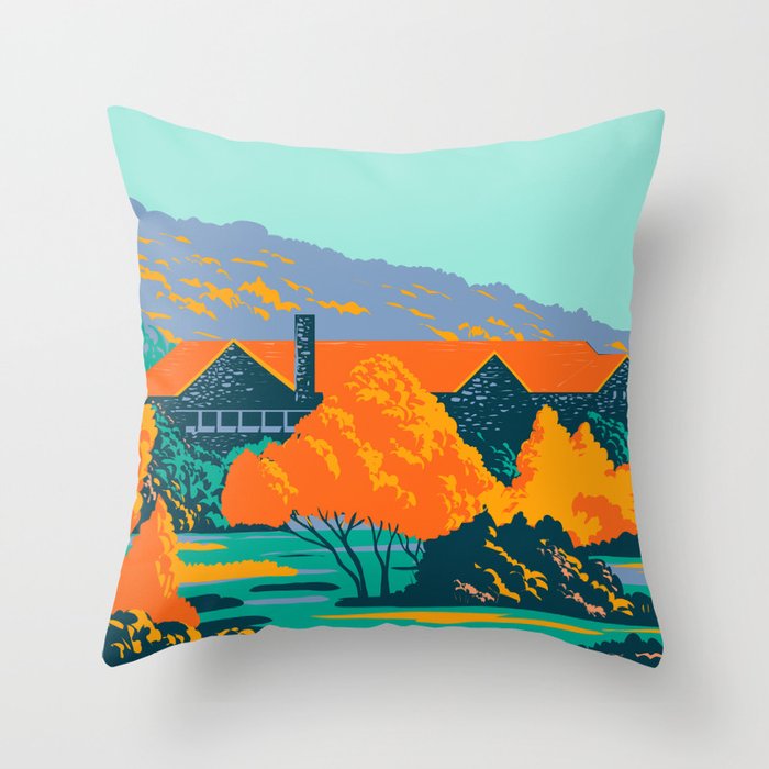 Stone Lodge with Red Roof and Trees in Front During Fall WPA Poster Art Throw Pillow
