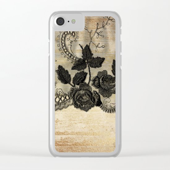 Black floral lace on wood -Elegant and luxury design for women Clear iPhone Case