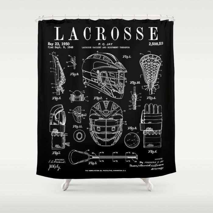 Lacrosse Player Equipment Vintage Patent Drawing Print Shower Curtain