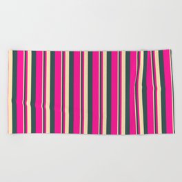 [ Thumbnail: Beige, Dark Slate Gray, and Deep Pink Colored Stripes/Lines Pattern Beach Towel ]