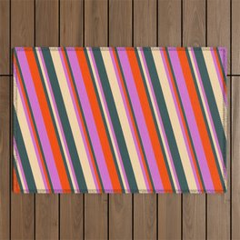 [ Thumbnail: Tan, Dark Slate Gray, Red & Orchid Colored Lined/Striped Pattern Outdoor Rug ]