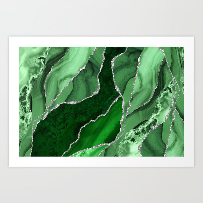 Emerald Green And Silver Marble Waves #society #buyart Art Print
