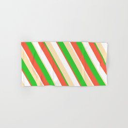 [ Thumbnail: Red, White, Beige, and Lime Green Colored Striped/Lined Pattern Hand & Bath Towel ]