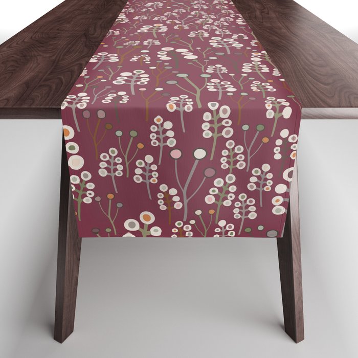 Abstract red winter berries branches pattern Table Runner