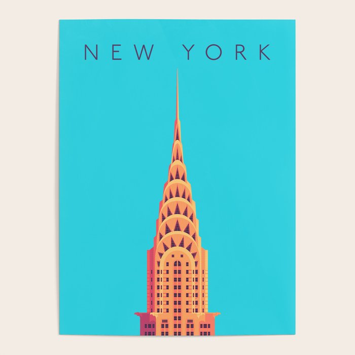 New York Art Deco Building Minimal Text Cyan Poster by neotokyo
