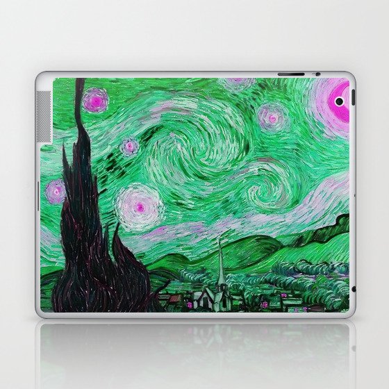 The Starry Night - La Nuit étoilée oil-on-canvas post-impressionist landscape masterpiece painting in alternate green and purple by Vincent van Gogh Laptop & iPad Skin