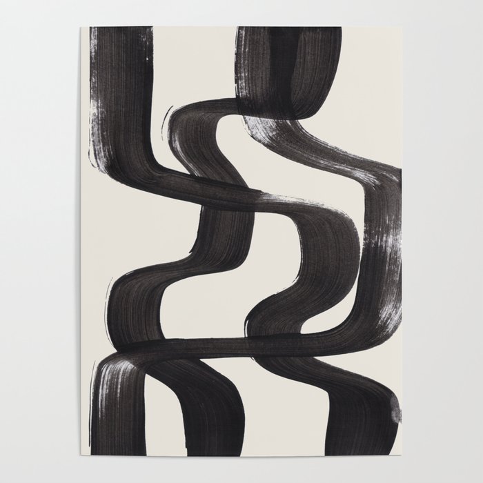 Mid Century Modern Minimalist Abstract Art Brush Strokes Black & White Ink Art Ripple Lines Poster