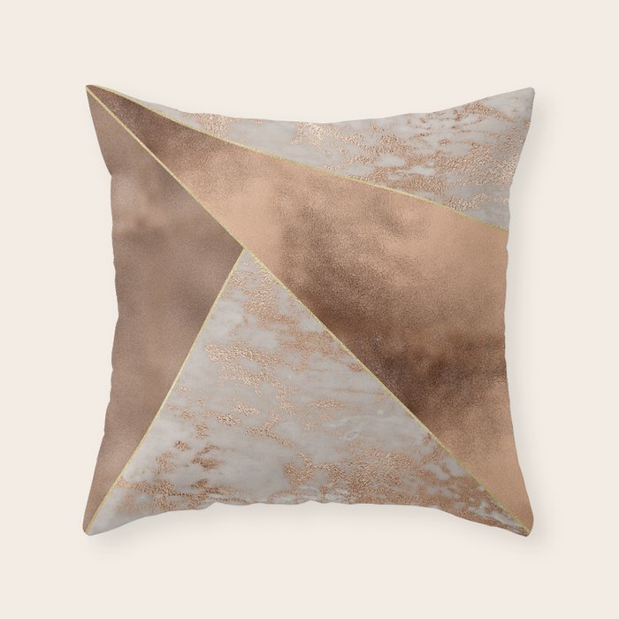 Copper Foil And Blush Rose Gold Marble Triangles Throw Pillow By