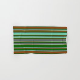 [ Thumbnail: Brown, Dark Green, Dim Grey & Aquamarine Colored Lined/Striped Pattern Hand & Bath Towel ]