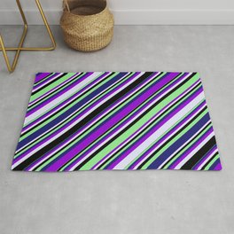 [ Thumbnail: Vibrant Dark Violet, Lavender, Black, Light Green & Midnight Blue Colored Lines Pattern Rug ]