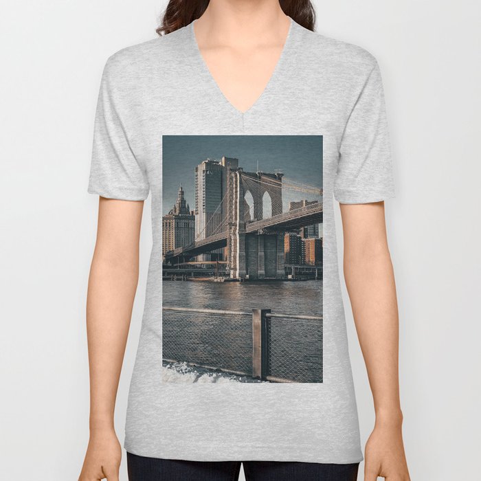 New York City Manhattan skyline and Brooklyn Bridge during winter V Neck T Shirt