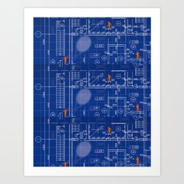 Blue Blueprint with Construction Workers & Tennis Racquet Art Print