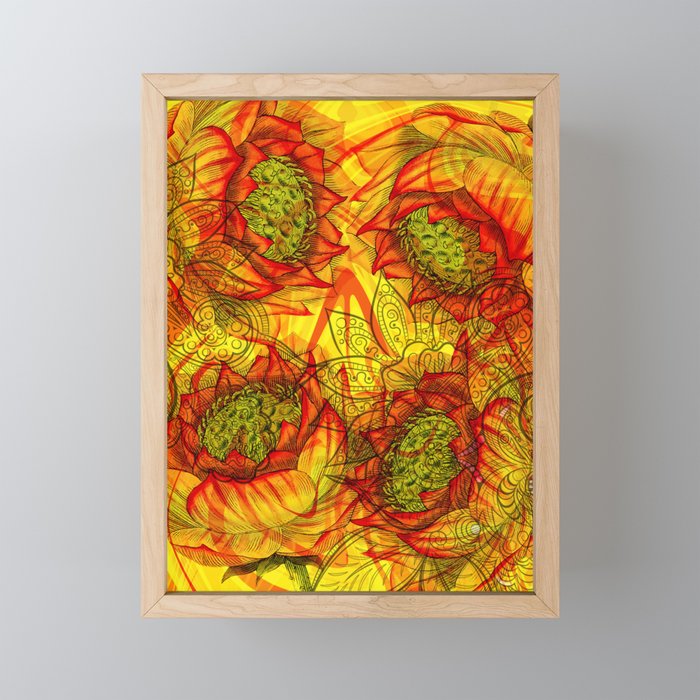 Lotus Flower Mandala Ornaments Design yellow orange Framed Mini Art Print