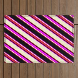 [ Thumbnail: Black, Fuchsia, Light Yellow & Crimson Colored Lined Pattern Outdoor Rug ]