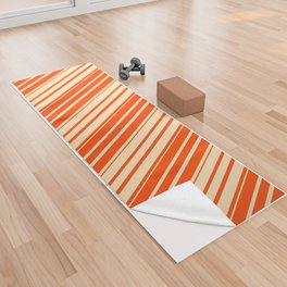 [ Thumbnail: Beige and Red Colored Striped Pattern Yoga Towel ]