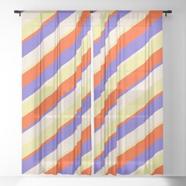 [ Thumbnail: Red, Slate Blue, Beige, and Tan Colored Lines/Stripes Pattern Sheer Curtain ]