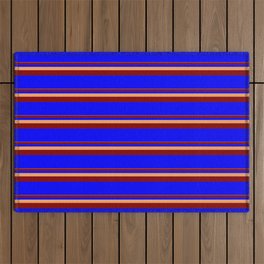 [ Thumbnail: Brown, Maroon, and Blue Colored Lined Pattern Outdoor Rug ]