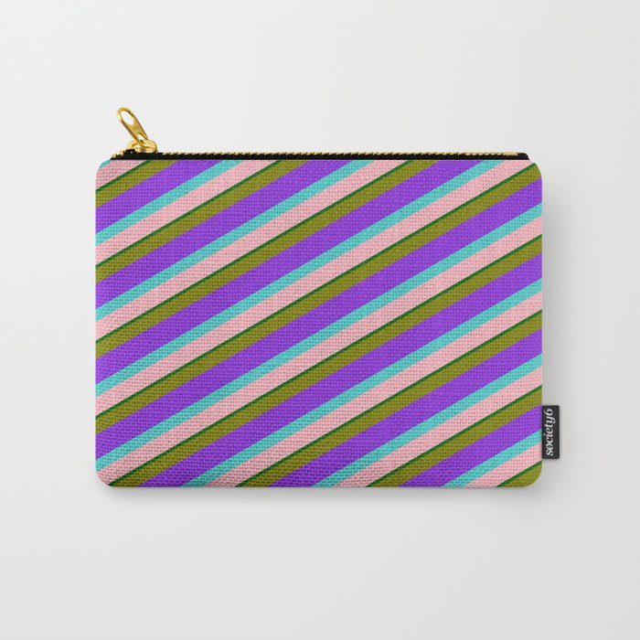 Colorful Green, Purple, Turquoise, Light Pink, and Dark Green Colored Lined/Striped Pattern Carry-All Pouch