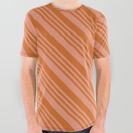 [ Thumbnail: Dark Salmon & Chocolate Colored Lined Pattern All Over Graphic Tee ]