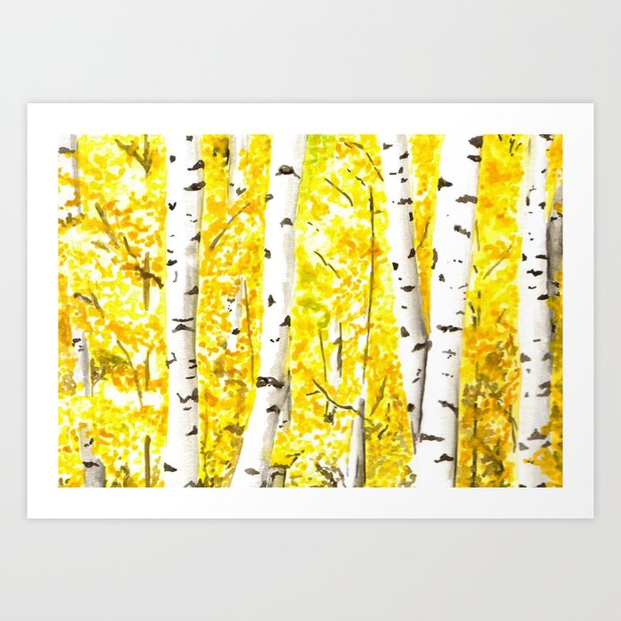 Yellow Aspen Trees Watercolor Art Painting Yellow Birches Wall