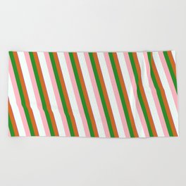 [ Thumbnail: Orchid, Chocolate, Forest Green, Light Pink & Mint Cream Colored Striped/Lined Pattern Beach Towel ]