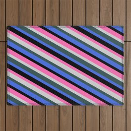 [ Thumbnail: Eye-catching Hot Pink, Light Grey, Dark Slate Gray, Royal Blue, and Black Colored Stripes Pattern Outdoor Rug ]