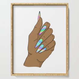Woman Hand With Long Holographic Nails Serving Tray
