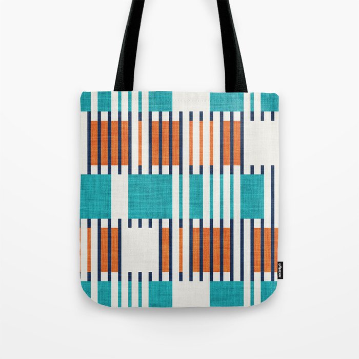 Bold minimalist retro stripes // midnight blue orange and peacock blue geometric grid  Tote Bag