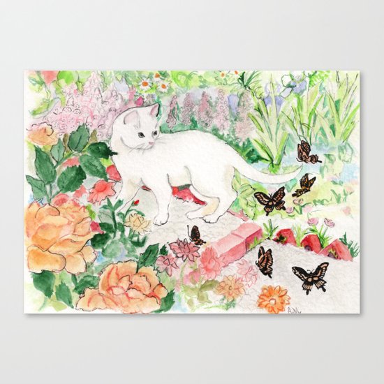 White Cat in a Garden Canvas Print